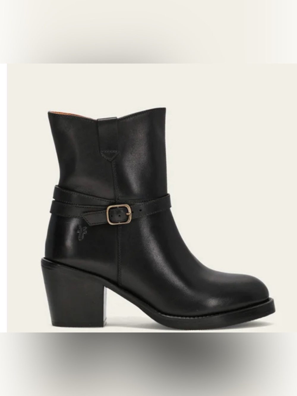 Frye Black Leather Mid-Calf Heeled Buckle Boots (RYLEE BELTED INSIDE ZIP)